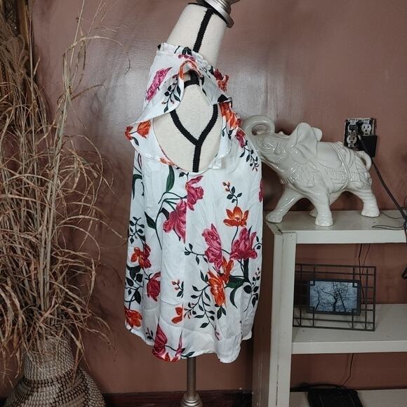 Old Navy Size Xs White Pink Red Floral Blouse Top Sheer Frill Rouched Stretchy - Picture 7 of 9